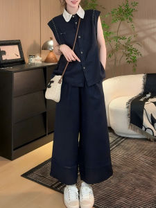 Shalldoer | Womens Summer 2025 Polo Collar Sleeveless High Waist Casual Nine-Piece Pants Two-Piece Set Fashionable Color Block Design