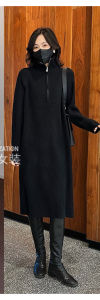 Winter Knit Sweater Dress for Women French Style Long Sleeve Turtleneck Zippered Inner Wear Thickened Base for Coats