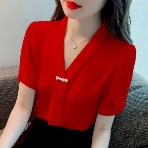 Red Chiffon Short Sleeve Shirt Womens V-neck Summer Fashion Fairy Atmosphere Pocket Handkerchief Casual Style Pure Color