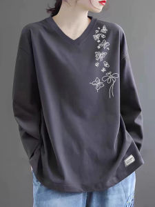 Laid-back Long Sleeve Pure Cotton V-neck Overhead Printed T-shirt Fashion for Ladies Anti-lost Design Daily Used Shoulder-length China Made Autumn Suitable