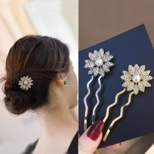 Korean Sunflower Rhinestone U-shaped Hair Clip Elegant Meatball Head Flower Hair Pin Gift for Girl and Women