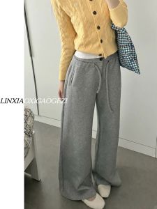 Gray Wide Leg Pants Womens Drawstring Casual Trousers Long Vintage Floor-Length Loose Fit Korean Style Commute Pants