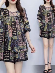 Retro Print Lace Trim Loose Fit Short Sleeve Two Piece Set for plus Size Women Summer Casual Comfortable Pantsuit
