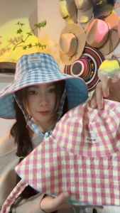 Mũ chống nắng vải dày vành rộng 2 mặt màu caro phối pastel ngọt ngào nón đi biển buộc dây nơ xinh