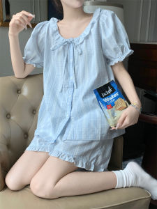Dễ Thương Phong Cách Hàn Quốc Xanh Dương Kẻ Caro Búp Bê Cổ Áo Tay Áo Bong Bóng Đồ Ngủ Quần Short Quần Đùi Bộ Nữ Áo Khoác Ngoài Mùa Hè Quần Áo Gia Đình
