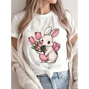 Ladies Easter Bunny and Tulip Print T-shirt Casual Round Neck Pure Top Spring/summer Fashion Women Shirt Holiday Outfit