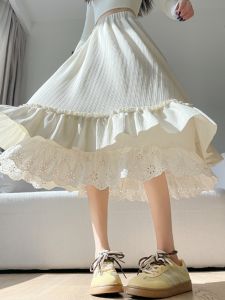 French Style Gentle High Waist A-Line Skirt Lace Paneling False Two-Piece Womens Spring Autumn Soft Wind Bell Bottom Skirt