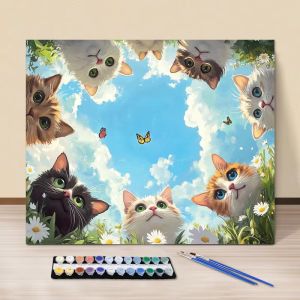 Bandai | Oil Painting By Number Kit Group of Cute Cats Acrylic Paint Canvas Wall Art for Adults DIY Home Decor Gift