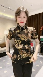 Elegant Lace Trim Short Sleeve T-Shirt Womens Slim Fit Stand Collar Floral Print Vintage Style Summer New Arrival Top