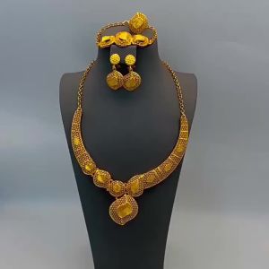 24K Rotating Gold Square Necklace Earring Ring Bracelet Suit Dubai & European American Bride Wedding Jewelry