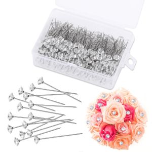 100pcs Transparent Diamond Pins 3.15 Inch Clear Straight Corsage Bouquet Diamond Pins Wedding Wrist Flower Decoration Craft