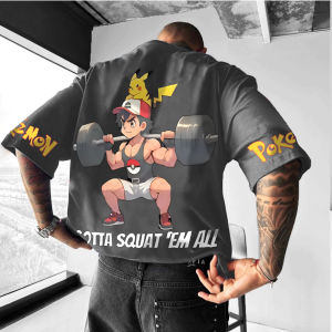 Bandai | Summer 2026 Pokemon Cotton T Shirt Ash Ketchum And Pikachu Back Print Weight Training Design Sleeve Pokemon Text Loose Fit