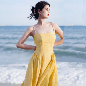 High Waist Sling Back Dress for Women French Chic Long Dress Perfect for Summer Vacation Beach Tourism Sleeveless Open Back Design