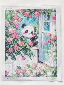 Diamond painting kit featuring a white cat with pink cheeks sitting on a windowsill surrounded by pink flowers and green leaves. Made in China.