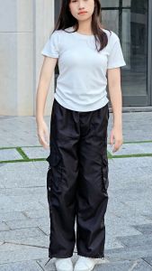 Quần Dài Ống Rộng Nữ Túi Hộp Vải Micro Đen Lưng Chun Có Dây Rút Thành Quần Jogger