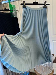 Váy Xếp Ly Xanh Cạp Cao Dài Vừa Phải Cho Nữ Mùa Hè 2024 Váy Chữ a Màu Trơn Đơn Giản Đa Năng Cho Nữ