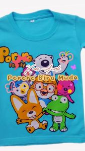 Kaos Anak Motif Pororo Bahan Katun untuk Anak Usia 1-6 Tahun dan Balita Warna Biru Muda