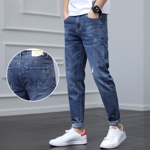 ROMON | Romon Mens Slim Fit Jeans Summer New Style Korean Version Fashion Casual Cool Brand Nine Point Pants Youth Popular Cotton Polyester Blend