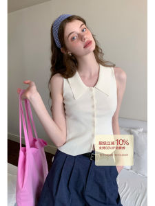 Eggka Korean Style Slim Fit Knitted Vest Sleeveless Turn-down Collar Short Cardigan Shirt Casual Polyester Fiber Spring Season