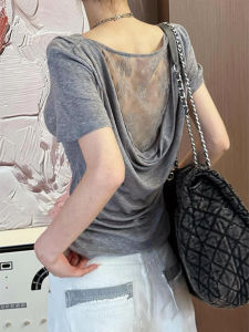 Áo Thun Tay Ngắn Ren Khoét Sâu Màu Xám Mùa Hè Cho Nữ Áo Thun Ôm Vừa Vặn Cổ Chữ V Áo Thun Thường Ngày Chất Liệu Polyester