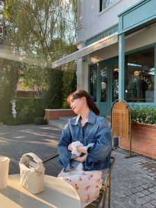 Le Lalin Vintage Washed Blue Short Flexible Wide Fit Denim Jacket Cotton Rayon Blend Spring Season Single Button Closure Long Sleeve