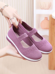 Spring Summer Flat Bottom Breathable Womens Shoes Traditional Beijing Cloth Fly Knit Slip-On Anti-Slip Middle Aged And Elderly Walking Shoes