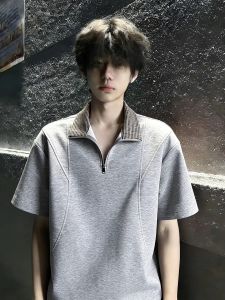 OUMULONG | Gray Half Zip Plaid Patchwork Polo Shirt