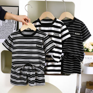 0-5 Years Old Summer Childrens Short-Sleeved Suit Boy Striped Cartoon Breathable Two-Piece Casual Sports Baby Clothing