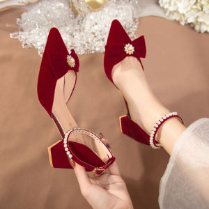 Red Wedding Shoes Womens New 2023 Butterfly Knot High-End Sensation Chinese Style Show Heel Shoes Comfortable mid Heel Fashion Single Shoes