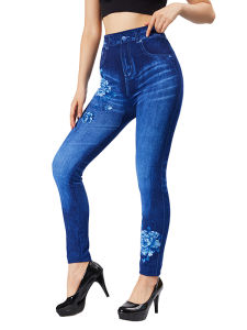 CUHAKCI Women Slim Fit Pants Blue Flower Print Leggings Imitation Denim Plus Size Fake Pockets Jeans Stretch False Jeggings