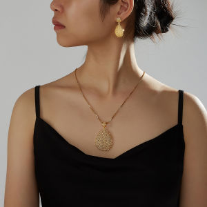 SEQUITO Fine Ladies Jewelry Set Golden Big Waterdrop Dangle Earrings Hollow Pendant Necklace Clothing Accessories SJ421