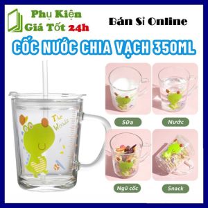 Ly Thủy Tinh Chia Vạch 350 ML Họa Tiết Hoạt Hình Kèm Ống Hút - Cốc Pha Sữa Đựng Nước Chịu Nhiệt Kèm Nắp Đậy Chống Tràn Cao Cấp