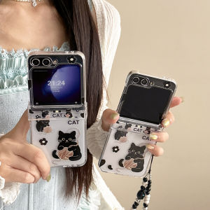 Cute Black cat Pattern Clear Hinge Case For Samsung Galaxy Z Flip 3 4 5 6 7 ZFlip6 3piece Set with Chain Lovely Back Phone Cover