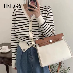 IELGY classic striped V-neck knitted cardigan womens new Korean style chic thin sweater long sleeve top