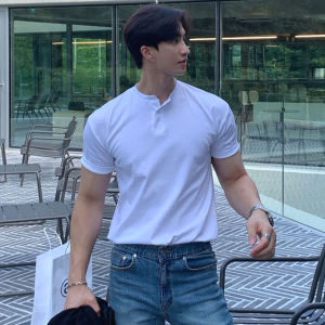 American Henry Collar Pure Cotton T-Shirt Muscle Men Tough Guy Silm Short Sleeve Half Open Buckle Stylish V-neck Sports Tops Tide