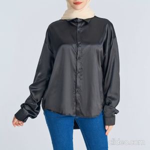 MINOSA Women Casual Plain Satin Blouse Shirt Top Button Collar Long Sleeve Plus Size Retro S-5XL (Grey/Blue/Red/Champagne/Pink/Black/Green/White)