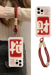 Simple Smiling Face Red Card Holder String for Xiaomi 14 Mobile Phone Case Compatible with Redmi K60/K50/K40/30 Insertable Card