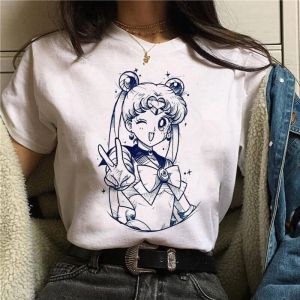 Bandai | Summer2026Sailor Moon Sailor Moon "Blue Thread Design" Artistic Street Trend100%Cotton Print Loose T-shirt for Men and Women Top