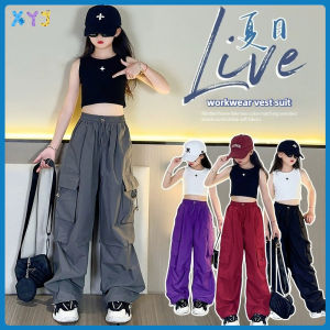 Kids Sville กางเกงคาร์โก้เด็ก กางเกงเด็กหญิง ชุด เด็ก เวอร์ชั่น เกาหลี ทรงหลวม ใส่สบาย เอวยางยืด กางเกงทำงาน กางเกงขากว้าง กางเกงลำลอง กางเกงขายาวเด็กโต เหมาะสำหรับสาวที่มีความสูง 100-160ซม.