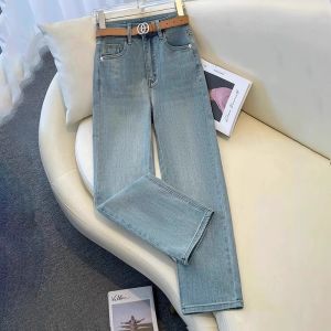 กางเกงยีนส์ทรงตรงเอวสูงทรงสลิมฟิตสำหรับผู้หญิงในช่วงฤดูร้อนปี 2024 กางเกงขายาวทรงตรงทรงหลวมบางเฉียบสำหรับผู้หญิง