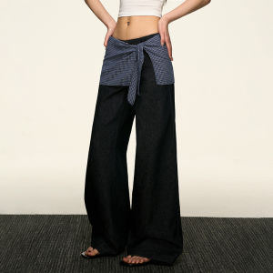 Aaisup Design Layered Wear Fake Two-Piece Jeans Womens Spring Summer High Waist Slim Straight Leg Loose Wide Leg Pants
