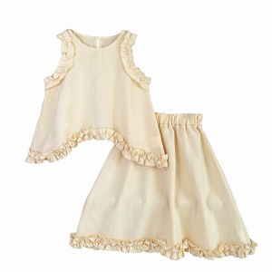 Menoea ชุดเสื้อแขนกุด + กระโปรงสองชิ้น4-7Y เด็กผู้หญิงอัดพลีทคอกลมใหม่รุ่นเกาหลี Baju Anak สีทึบ