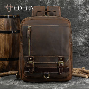 EDERN Retro Crazy Horse Leather Mens Backpack Large Capacity Cowhide Schoolbag 15-inch Laptop Bag Fashion Casual Backpack for Men