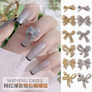 Nail Bow Zircon Ornament Gold-Plated Ribbon Fingernail Decoration Gold and Silver Bow Jewelry Ornament New Internet Celebrity K8