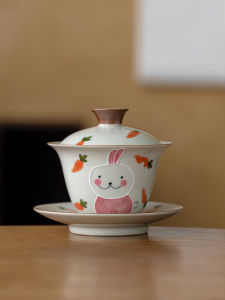 Hand-Painted Rabbit Cover Bowl Tea Cup Ceramic Non-Scalding Traditional Chinese Style Tea Set Single Piece Brewing Tea