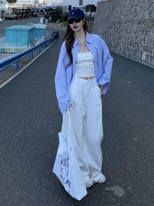 Quần Jeans Ống Thẳng Ôm Dáng Cạp Cao Màu Trắng Rộng Rãi Dài Đến Sàn Cho Nữ Mùa Hè Quần Jeans Denim Dài Cao Cấp