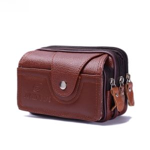 Genuine Leather Mobile Phone Waist Bag Mens Belted Crossbody Pouch 7 Inch True Leather Horizontal Style for Elderly