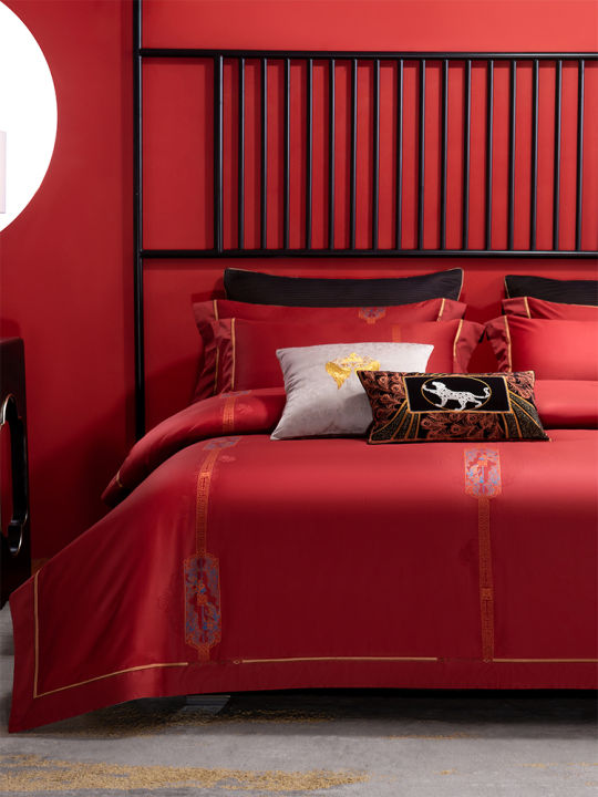 Wedding Celebration 140 Thread Count Long Velvet Cotton Pure Cotton Red Bedding Quilt Cover Sheet Marriage Bed Linens Set of 4