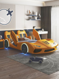 Childrens Car-like Bed Boys and Girls 1.5 Creative Solid Wood Cartoon with Guardrail Single Bed with Storage Organizer Leather Bed