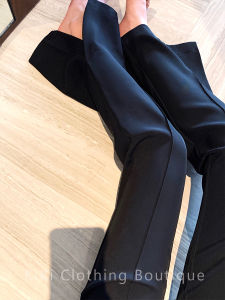 High Waist Slimming Black Micro Flared Pants Asymmetric Korean Style Commute Long Trousers for Women with Pockets